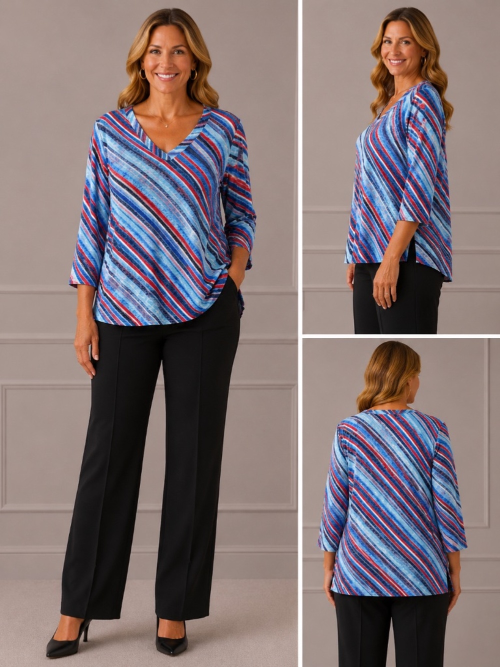 Ruby Rd Woman 2X Blue Red Striped V Neck 3/4 Sleeve Top